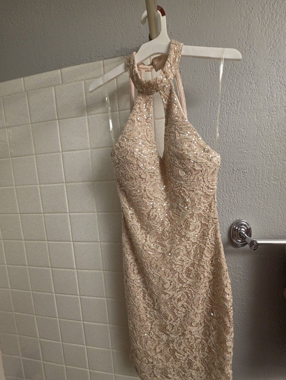 Beaded Lace Halter Bodycon Dress - Nude Blush